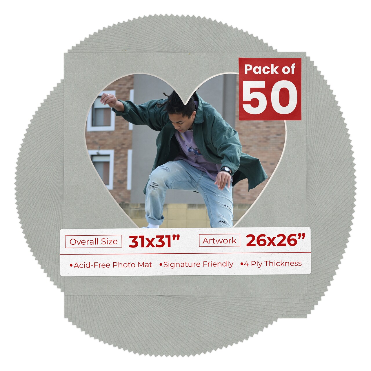 Light Grey Suede Mat Board for 31x31 Frames - Heart Opening for 26x26 Photos